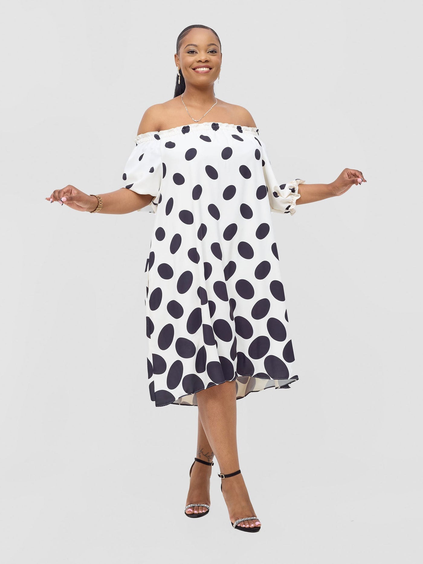 Vivo Ayla Off-Shoulder Dress - Cream / Black Meti Print