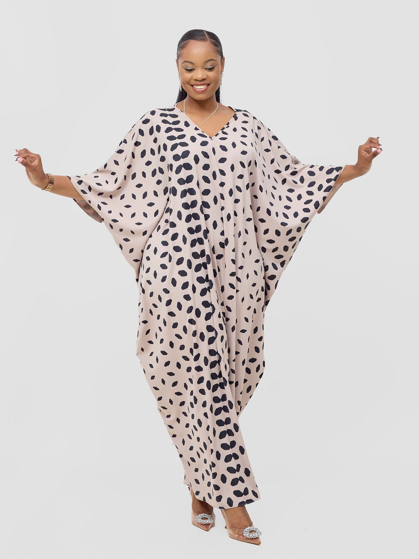 Vivo Ayla Maxi Kaftan Dress - Tan / Black Ila Print