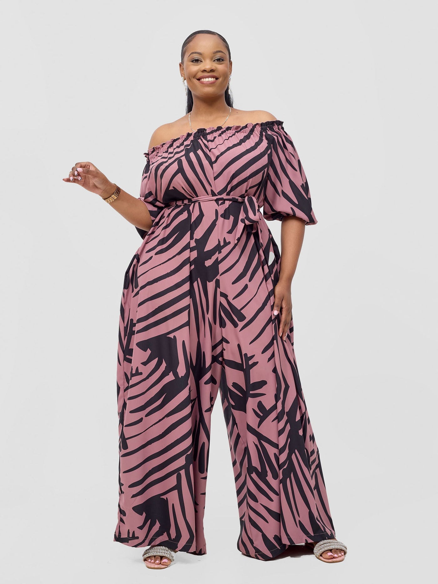 Vivo Ayla Off - Shoulder Jumpsuit - Blush Pink / Black Lala Print - Shopzetu