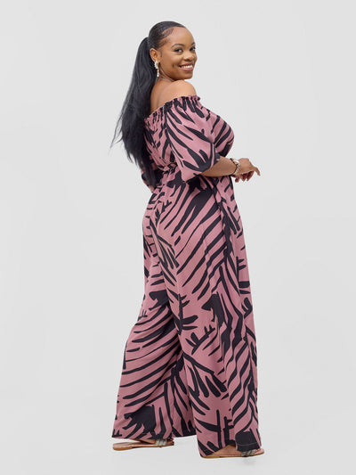 Vivo Ayla Off - Shoulder Jumpsuit - Blush Pink / Black Lala Print - Shopzetu