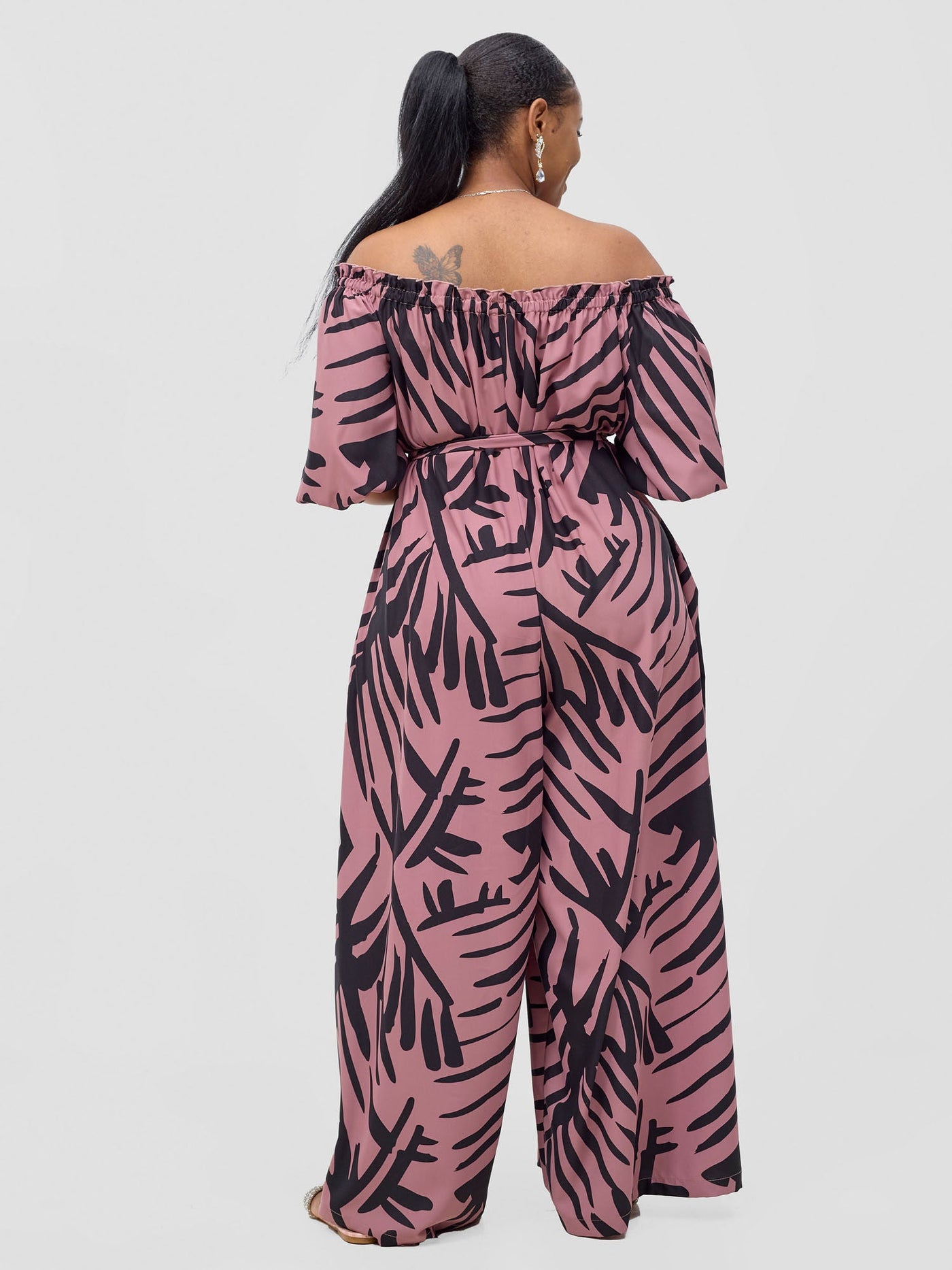 Vivo Ayla Off - Shoulder Jumpsuit - Blush Pink / Black Lala Print - Shopzetu