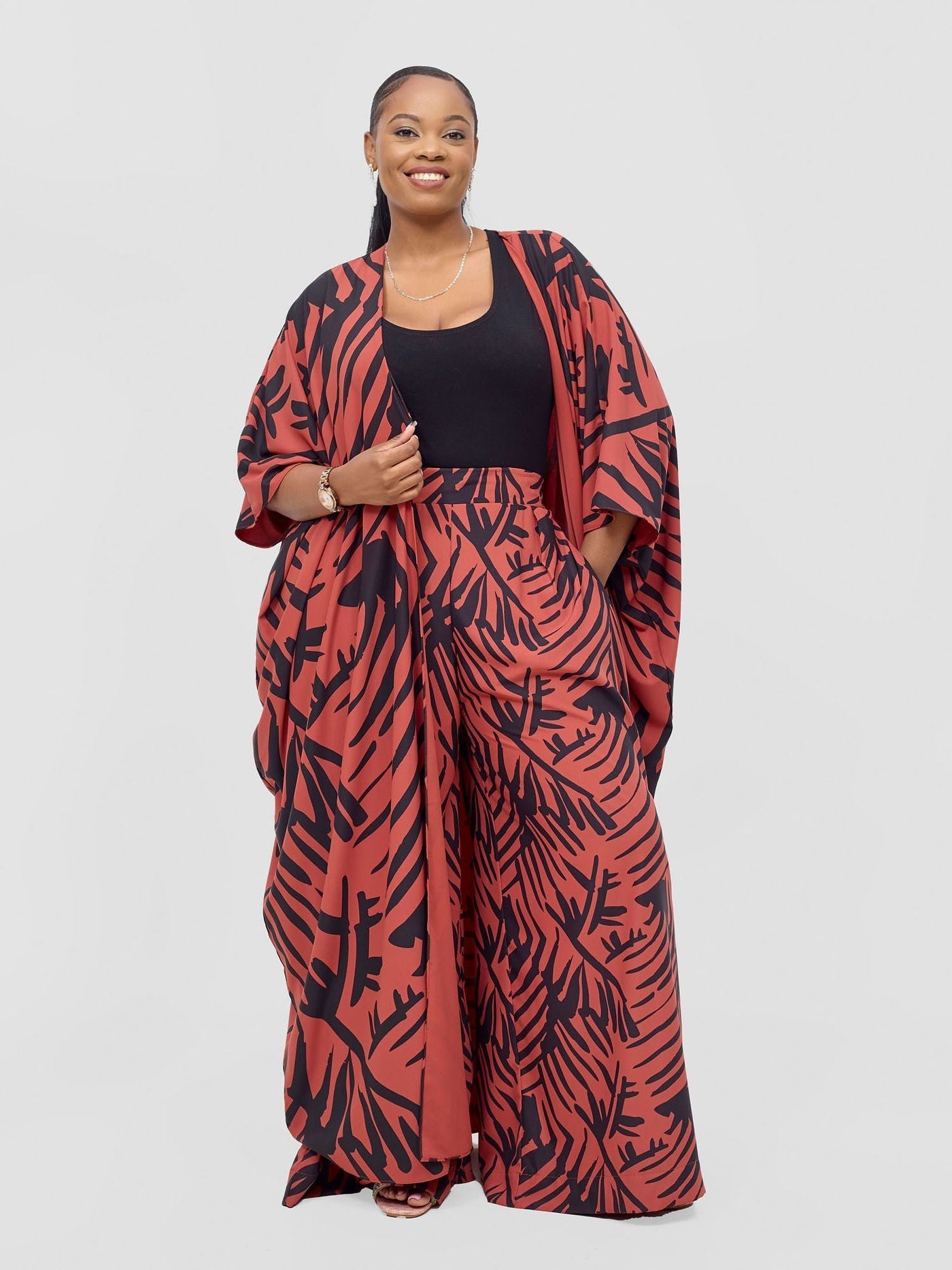 Vivo Ayla Maxi Kimono Rust / Black Lala Print - Shopzetu