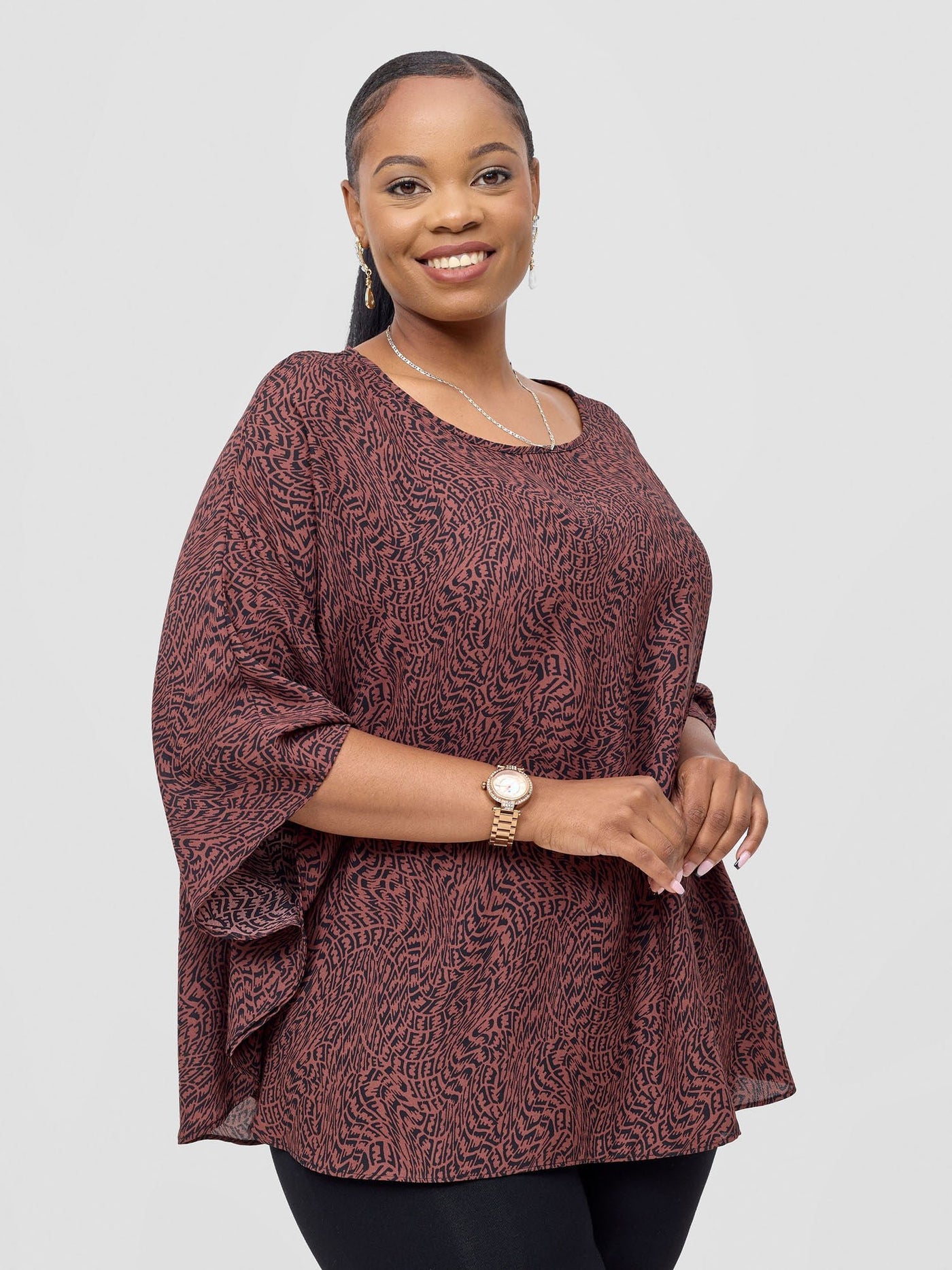 Vivo Sakari Circular Loose Top - Brown / Black Tiwa Print - Shopzetu