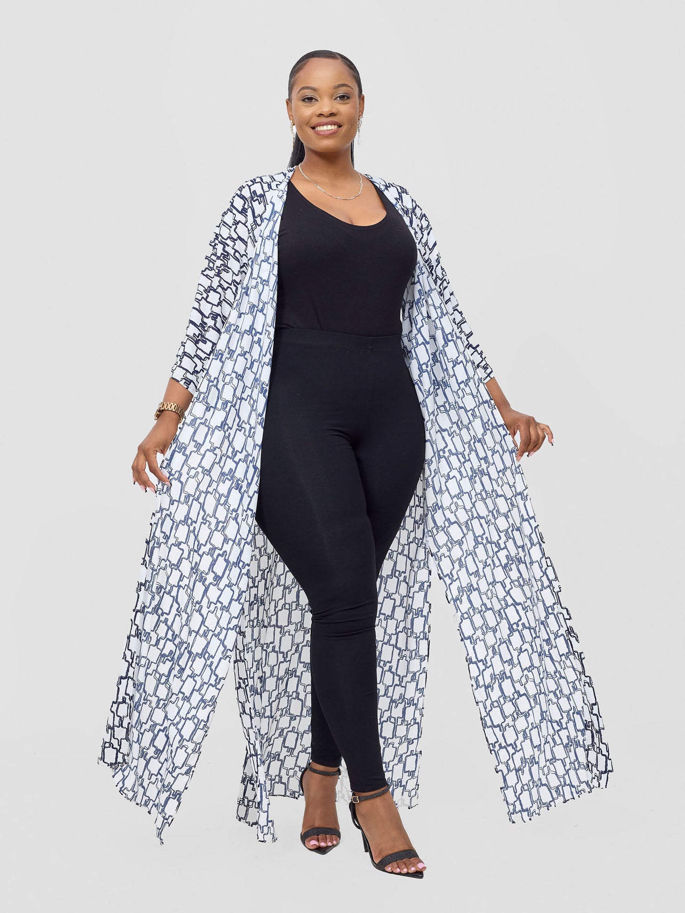 Basic Nandi A-Line Kimono - White / Navy Kito Print