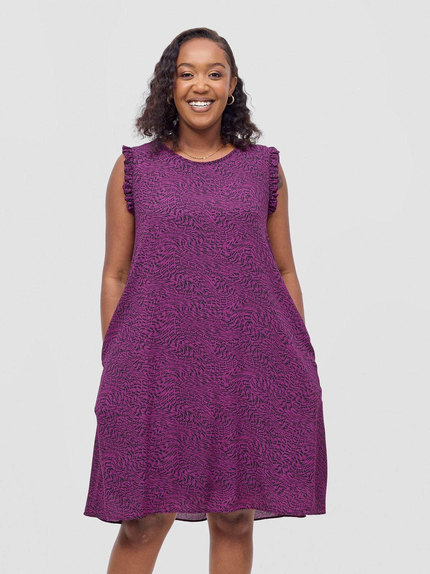 Vivo Ava Tent Knee Length Dress - Purple / Black Savi Print - Shopzetu