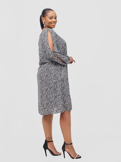 Vivo Lamu Knee Length Chiffon Dress - Dark Grey / White Mosa Print