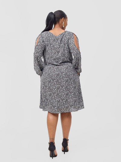 Vivo Lamu Knee Length Chiffon Dress - Dark Grey / White Mosa Print