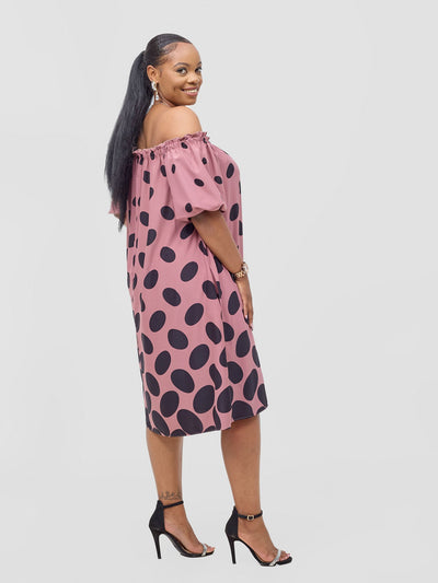 Vivo Ayla Off-Shoulder Dress - Blush Pink/ Black Meti Print