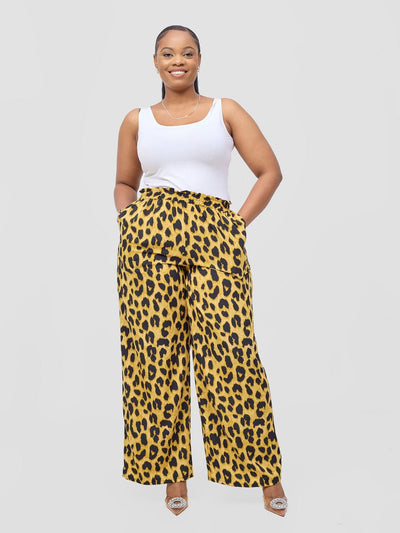 Vivo Sanali Wide Leg Pants - Dark Mustard Animal Print - Shopzetu