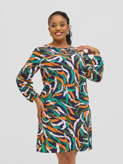 Vivo Jasiri Bishop Sleeve Shift Dress - Navy / Orange Tiwi Print - Shopzetu