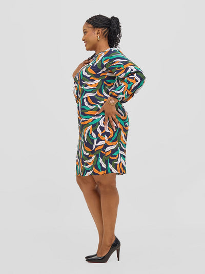 Vivo Jasiri Bishop Sleeve Shift Dress - Navy / Orange Tiwi Print - Shopzetu