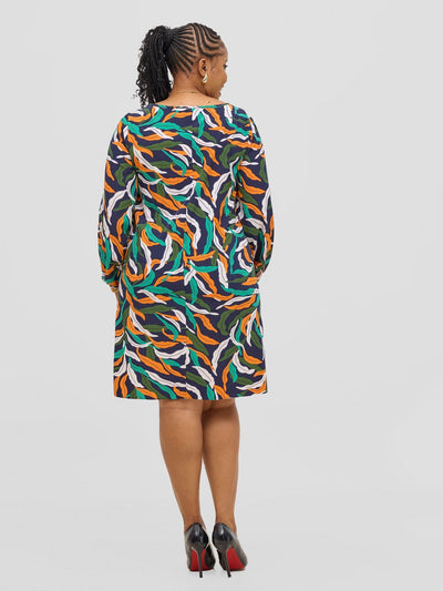 Vivo Jasiri Bishop Sleeve Shift Dress - Navy / Orange Tiwi Print - Shopzetu