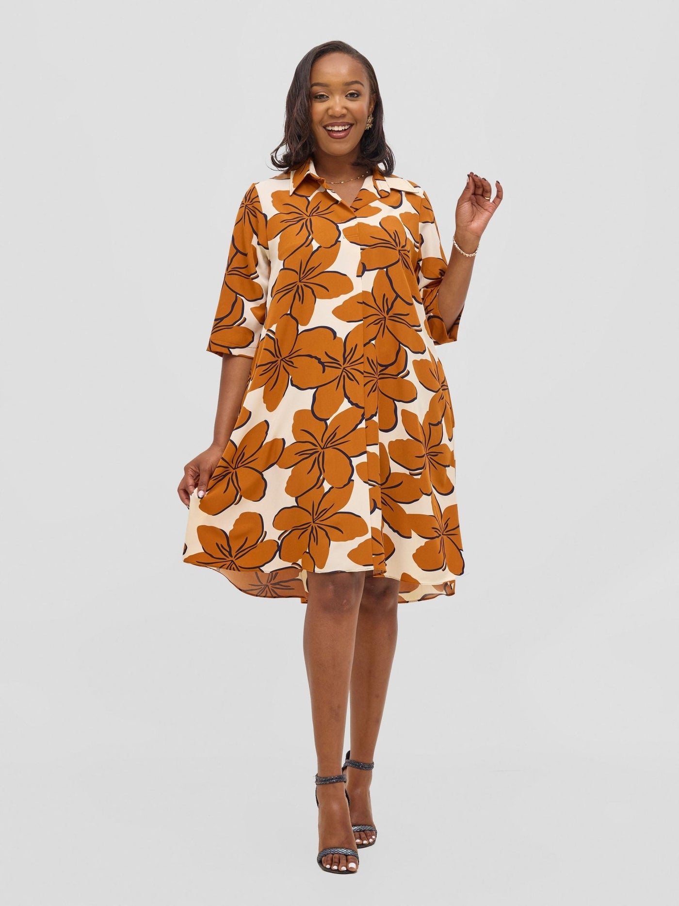 Vivo Reba Hi Low Dress - Rust / Cream Print - Shopzetu