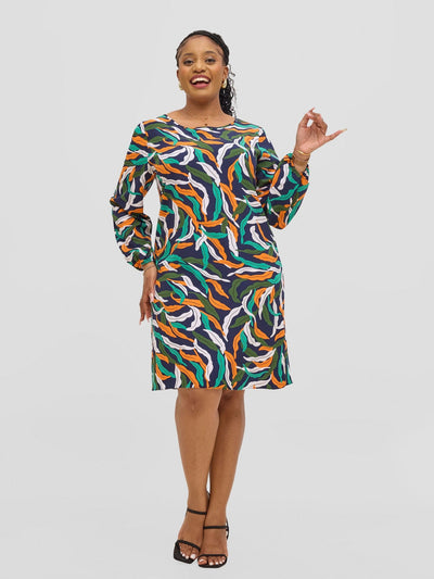 Vivo Jasiri Bishop Sleeve Shift Dress - Navy / Orange Tiwi Print - Shopzetu