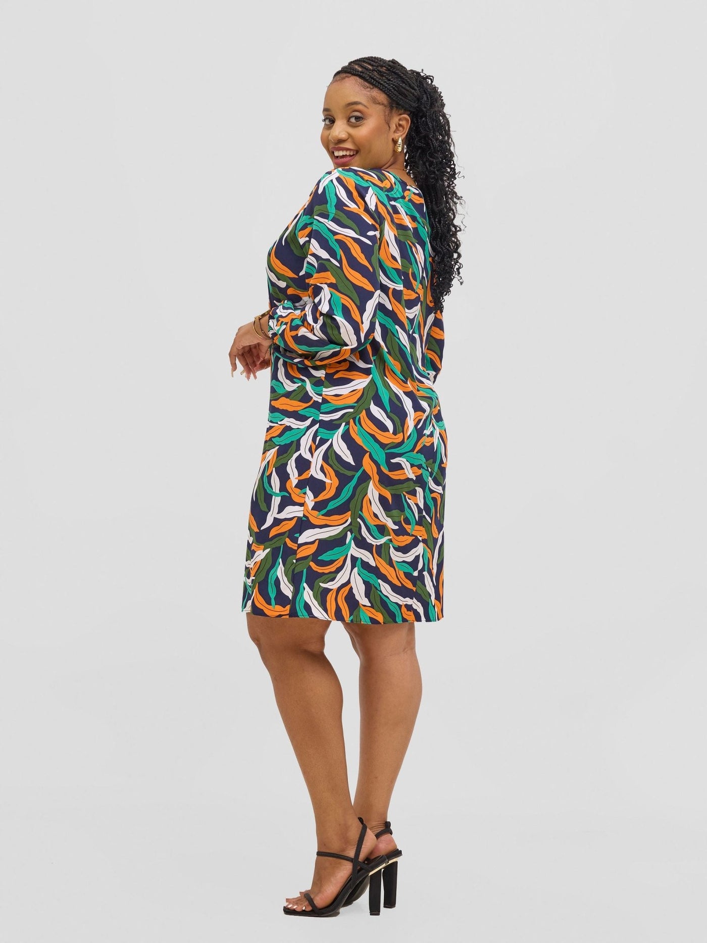 Vivo Jasiri Bishop Sleeve Shift Dress - Navy / Orange Tiwi Print - Shopzetu