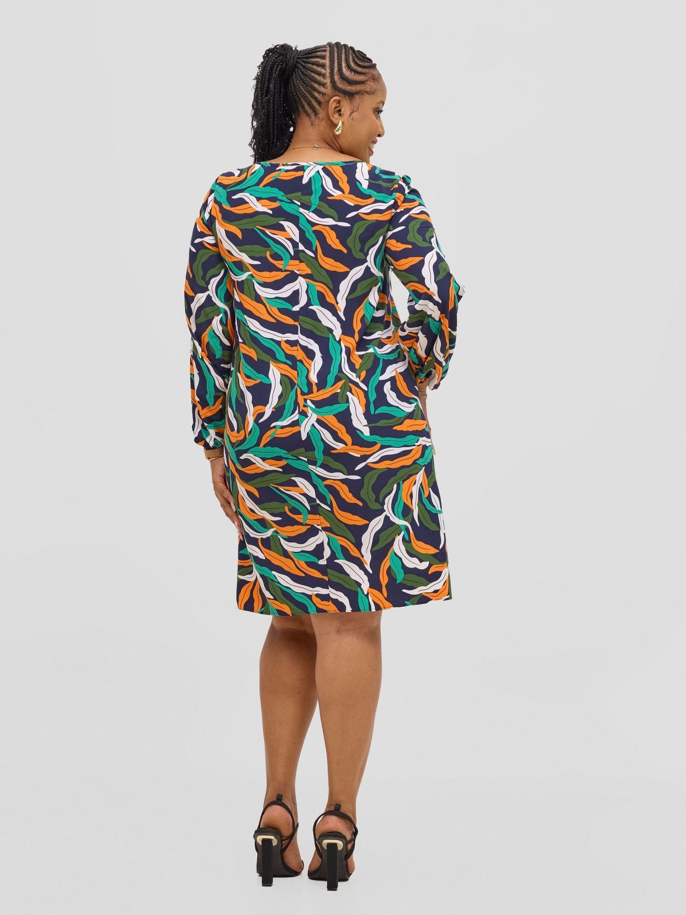 Vivo Jasiri Bishop Sleeve Shift Dress - Navy / Orange Tiwi Print - Shopzetu