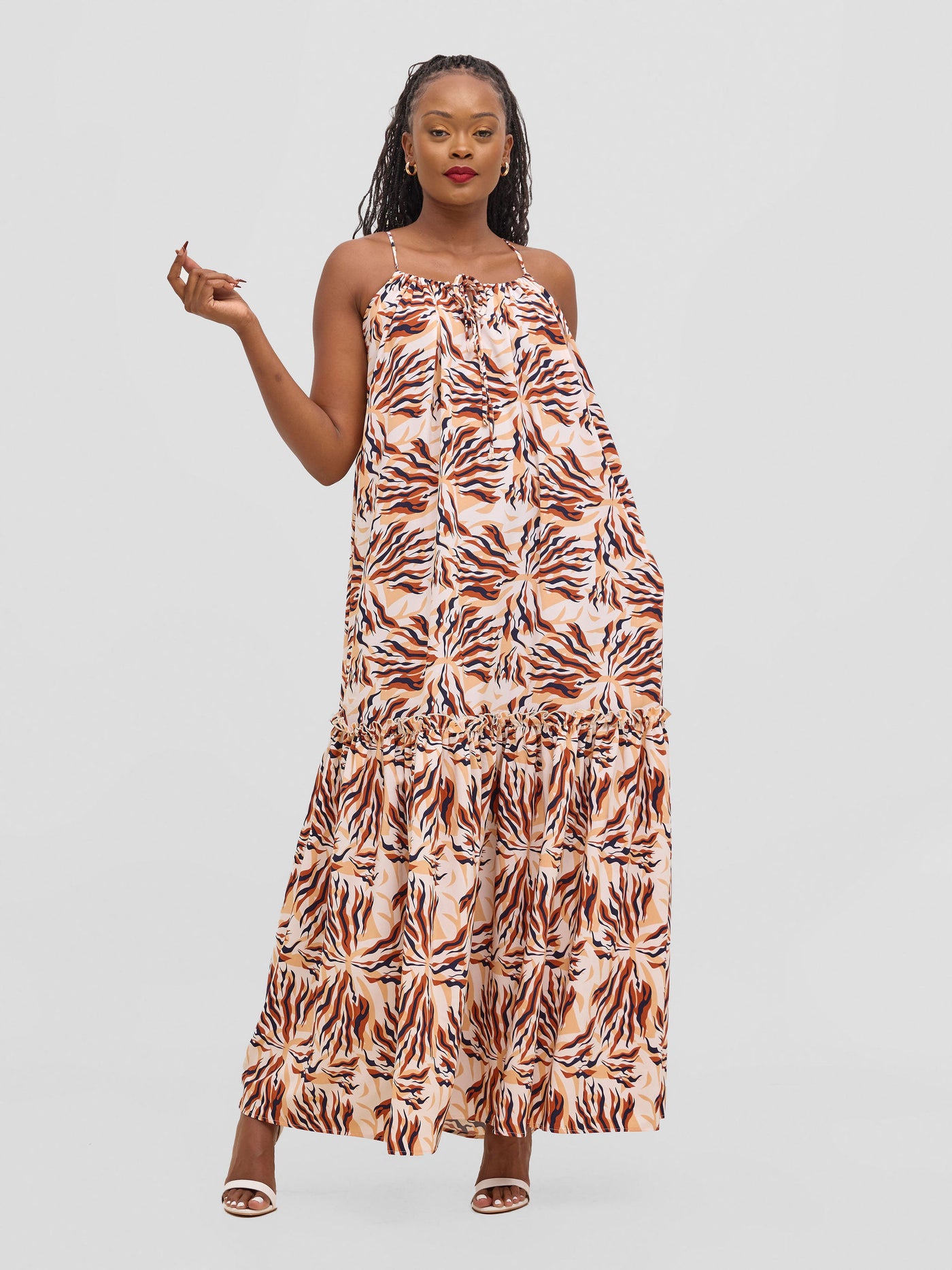 Vivo Sarabi Strappy Flounce Maxi Dress - Orange / Black Mali Print