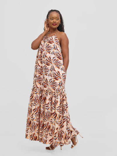 Vivo Sarabi Strappy Flounce Maxi Dress - Orange / Black Mali Print