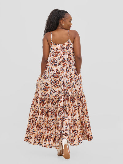 Vivo Sarabi Strappy Flounce Maxi Dress - Orange / Black Mali Print