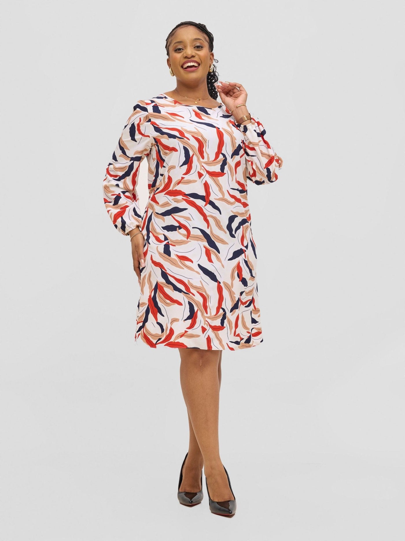 Vivo Jasiri Bishop Sleeve Shift Dress - Cream / Red Tiwi Print - Shopzetu