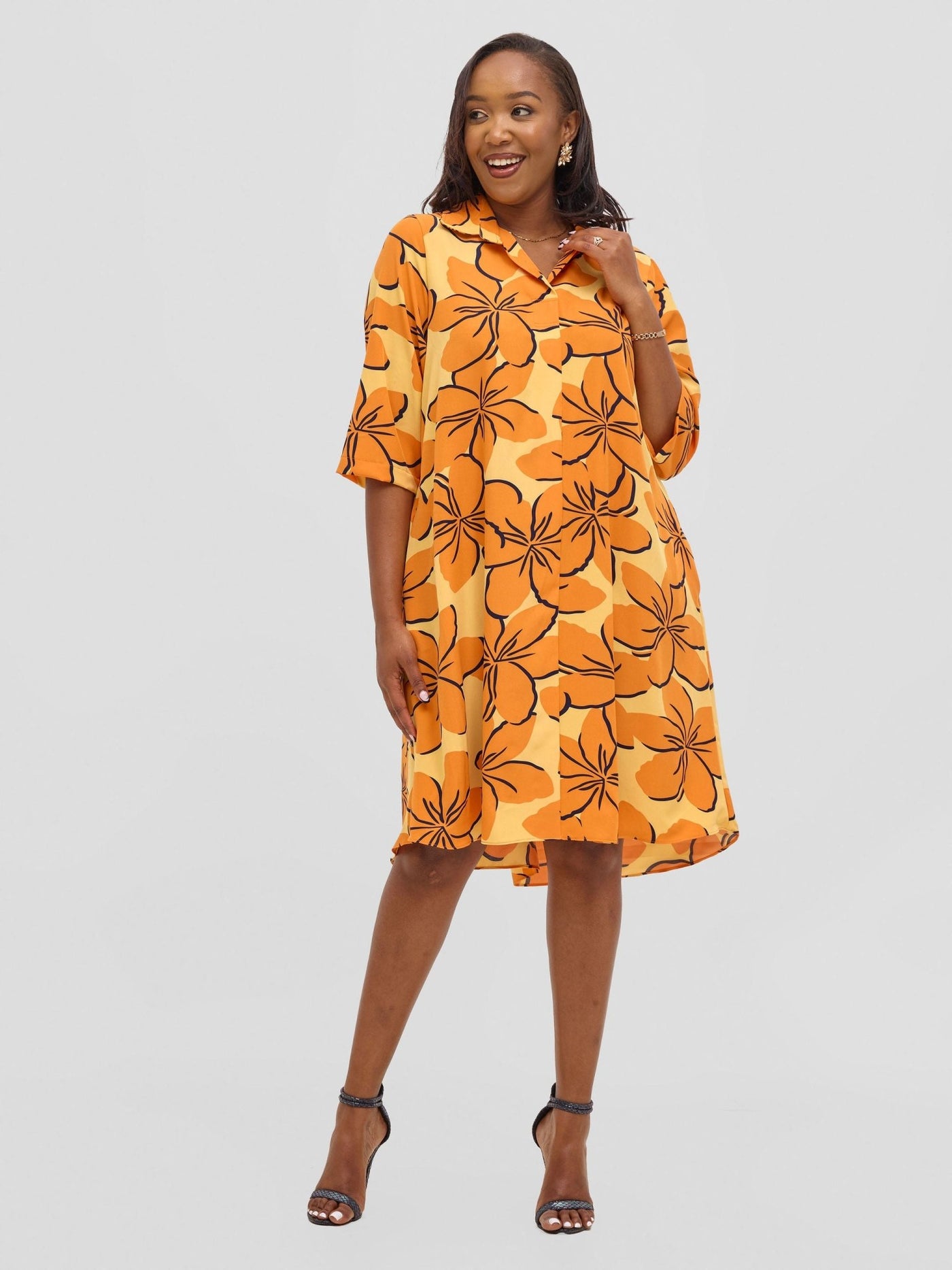 Vivo Reba Hi Low Dress - Orange / Navy Print - Shopzetu