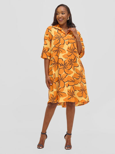 Vivo Reba Hi Low Dress - Orange / Navy Print - Shopzetu