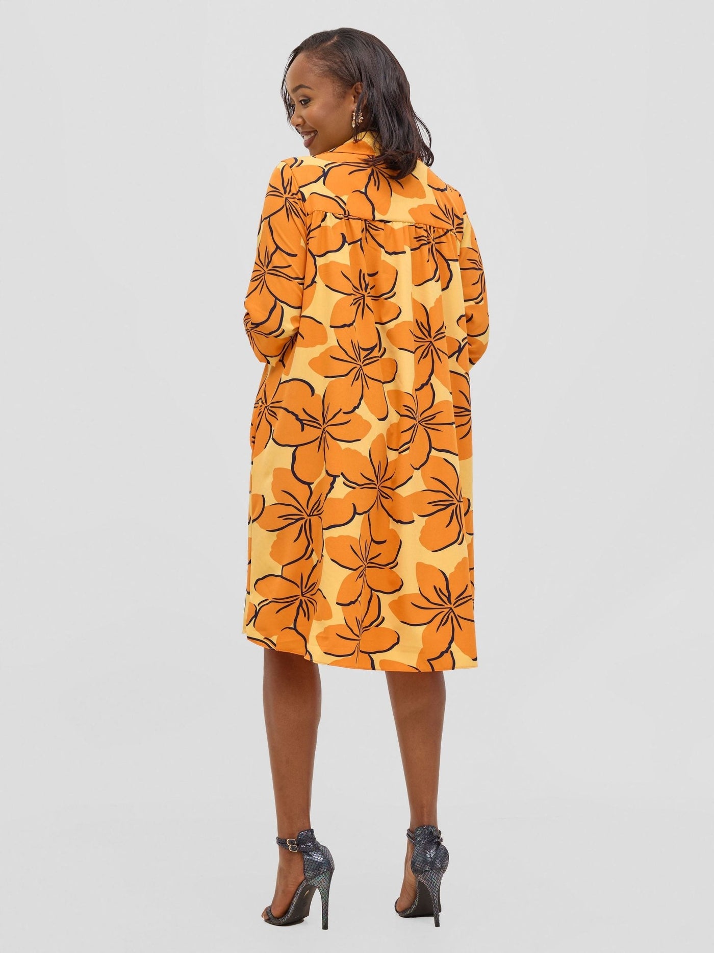 Vivo Reba Hi Low Dress - Orange / Navy Print - Shopzetu