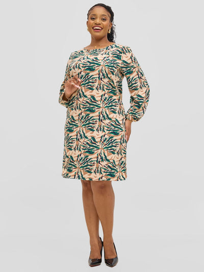 Vivo Jasiri Bishop Sleeve Shift Dress - Beige / Green Mali Print - Shopzetu