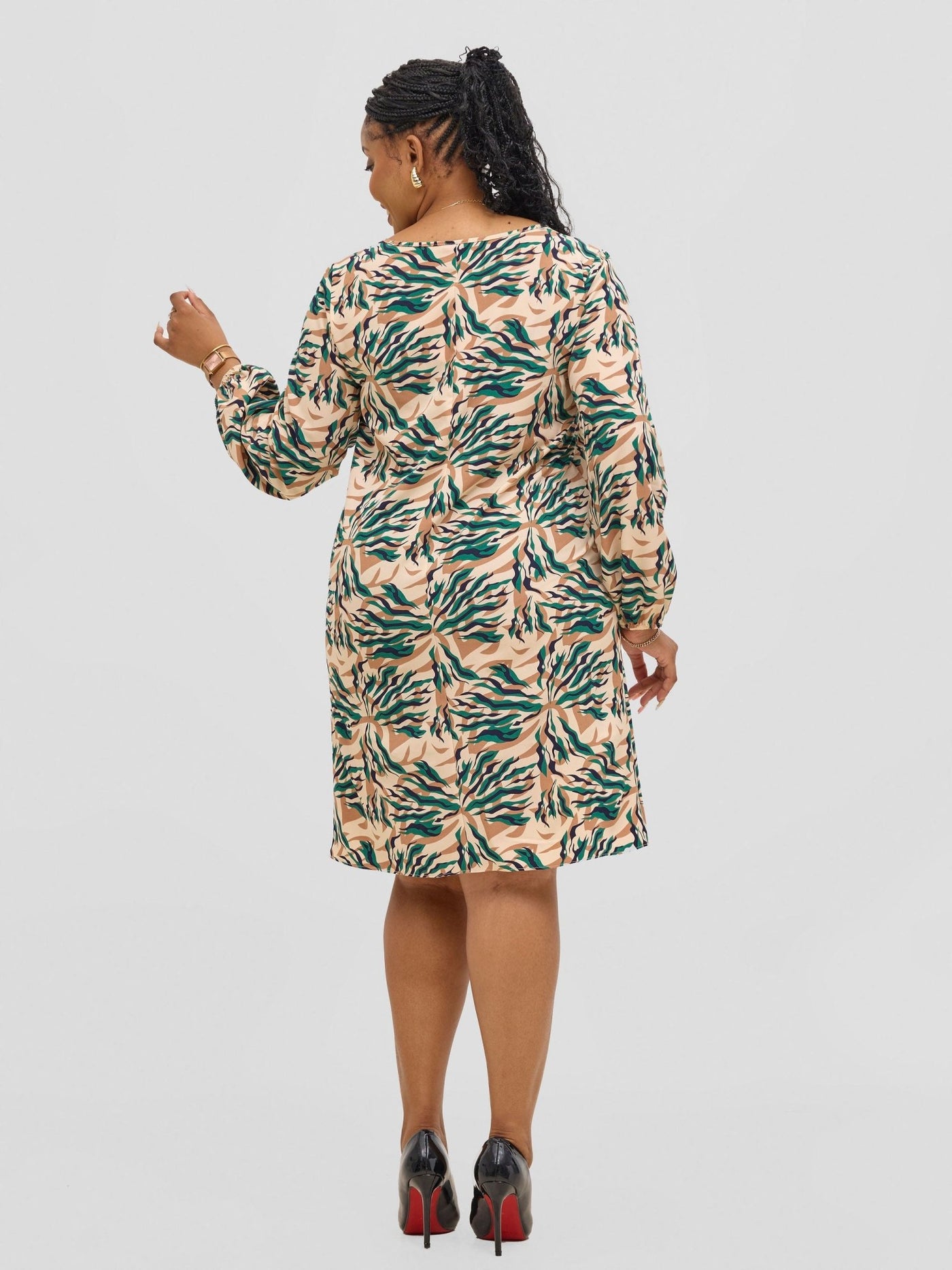 Vivo Jasiri Bishop Sleeve Shift Dress - Beige / Green Mali Print - Shopzetu