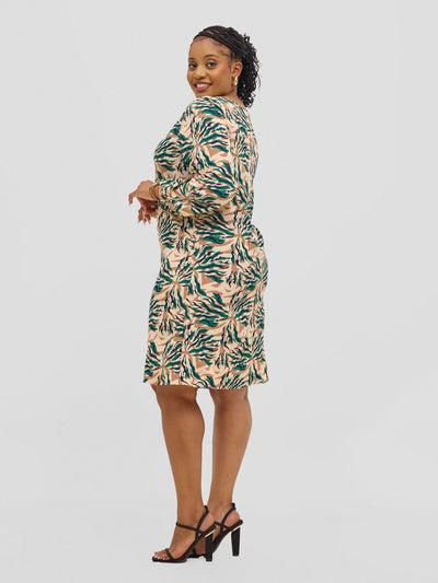 Vivo Jasiri Bishop Sleeve Shift Dress - Beige / Green Mali Print - Shopzetu