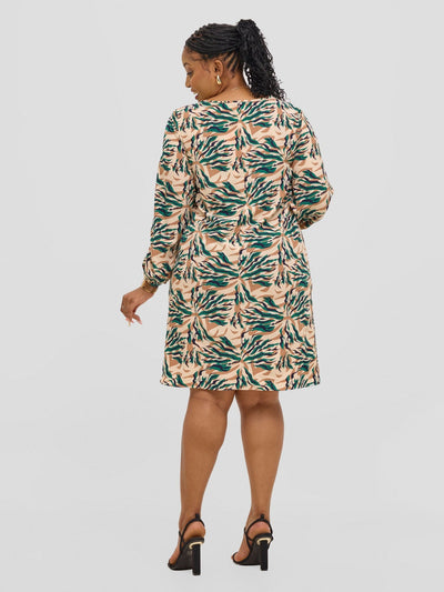 Vivo Jasiri Bishop Sleeve Shift Dress - Beige / Green Mali Print - Shopzetu