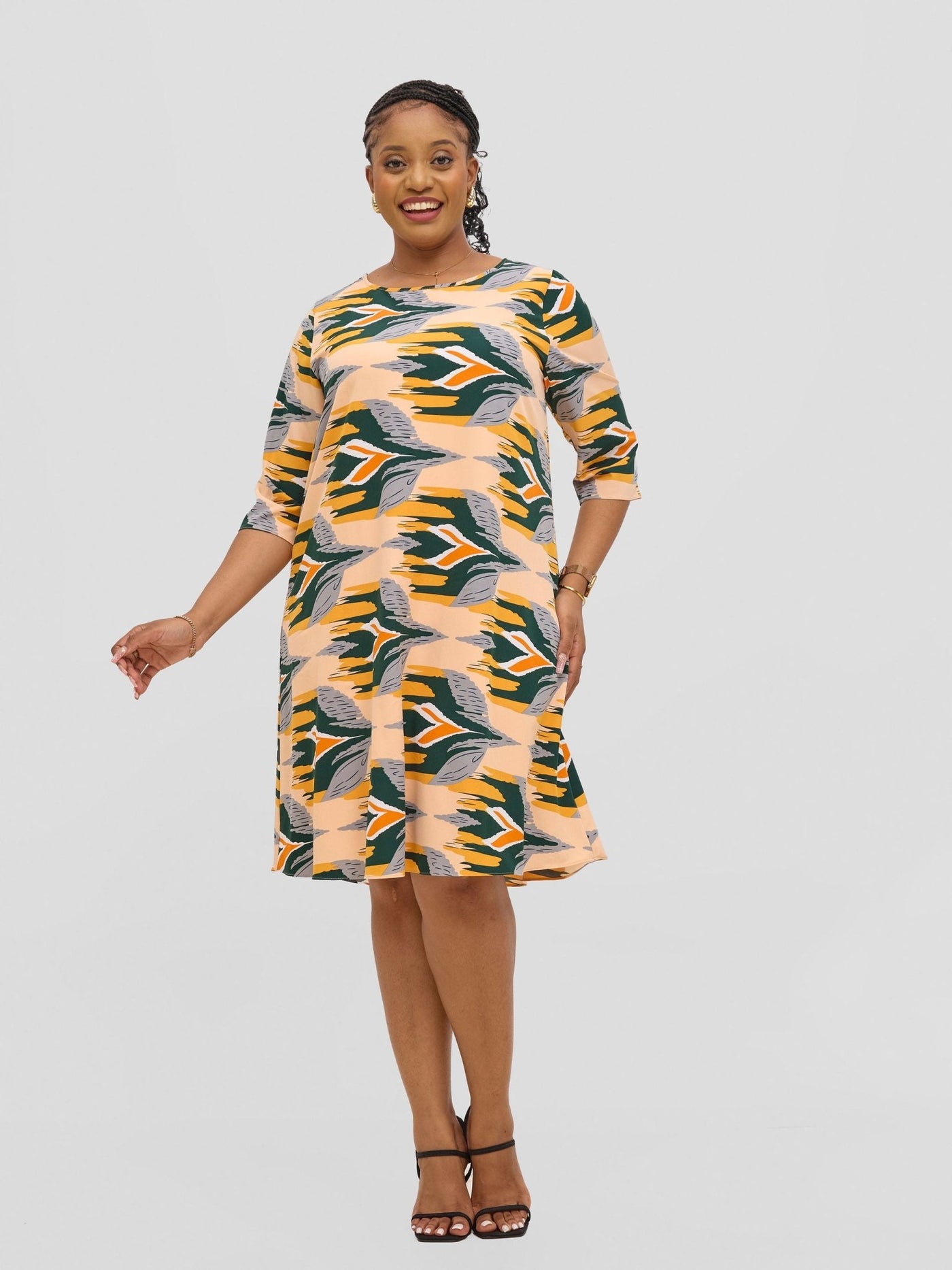 Vivo Ayo Tent Dress - Mustard / Green Print - Shopzetu