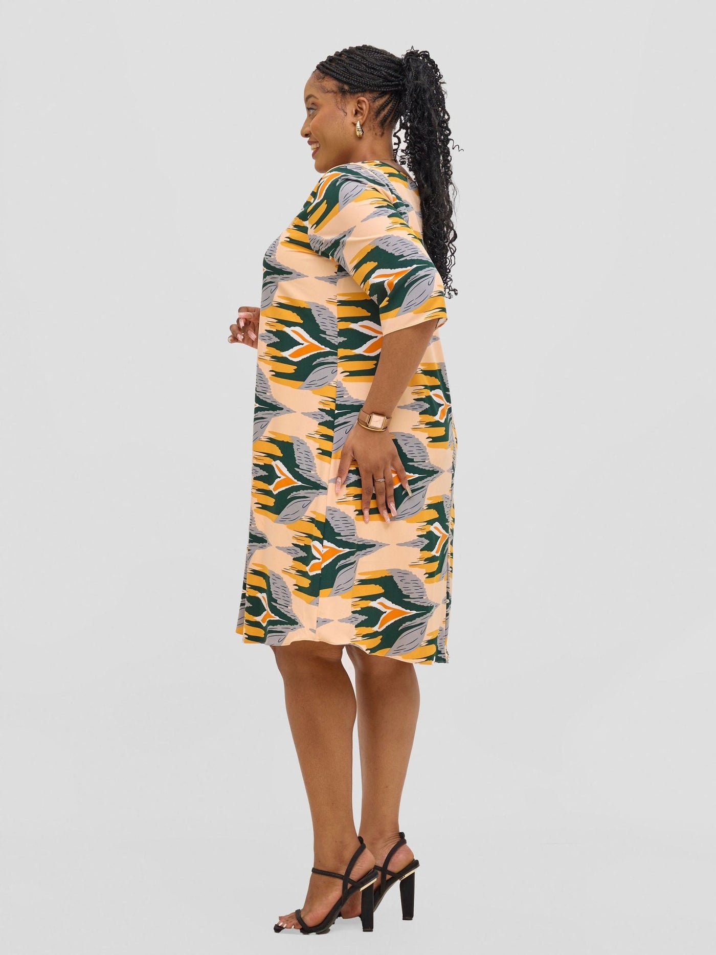 Vivo Ayo Tent Dress - Mustard / Green Print - Shopzetu