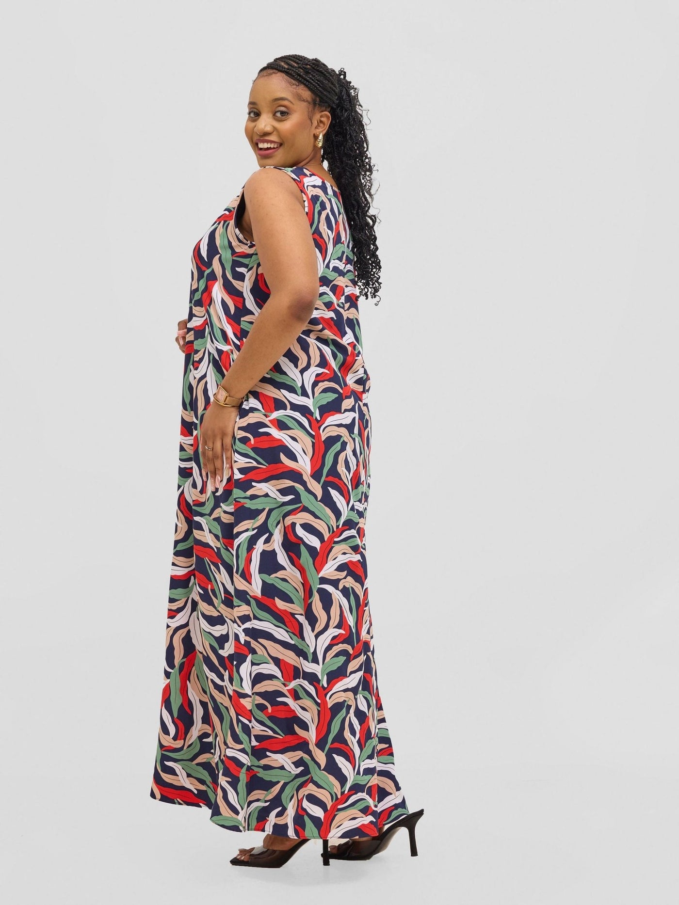 Vivo Basic Sleeveless Tent Maxi Dress - Red / Green Print - Shopzetu