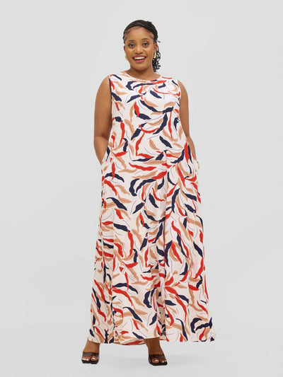 Vivo Basic Sleeveless Tent Maxi Dress - Cream / Red Print - Shopzetu