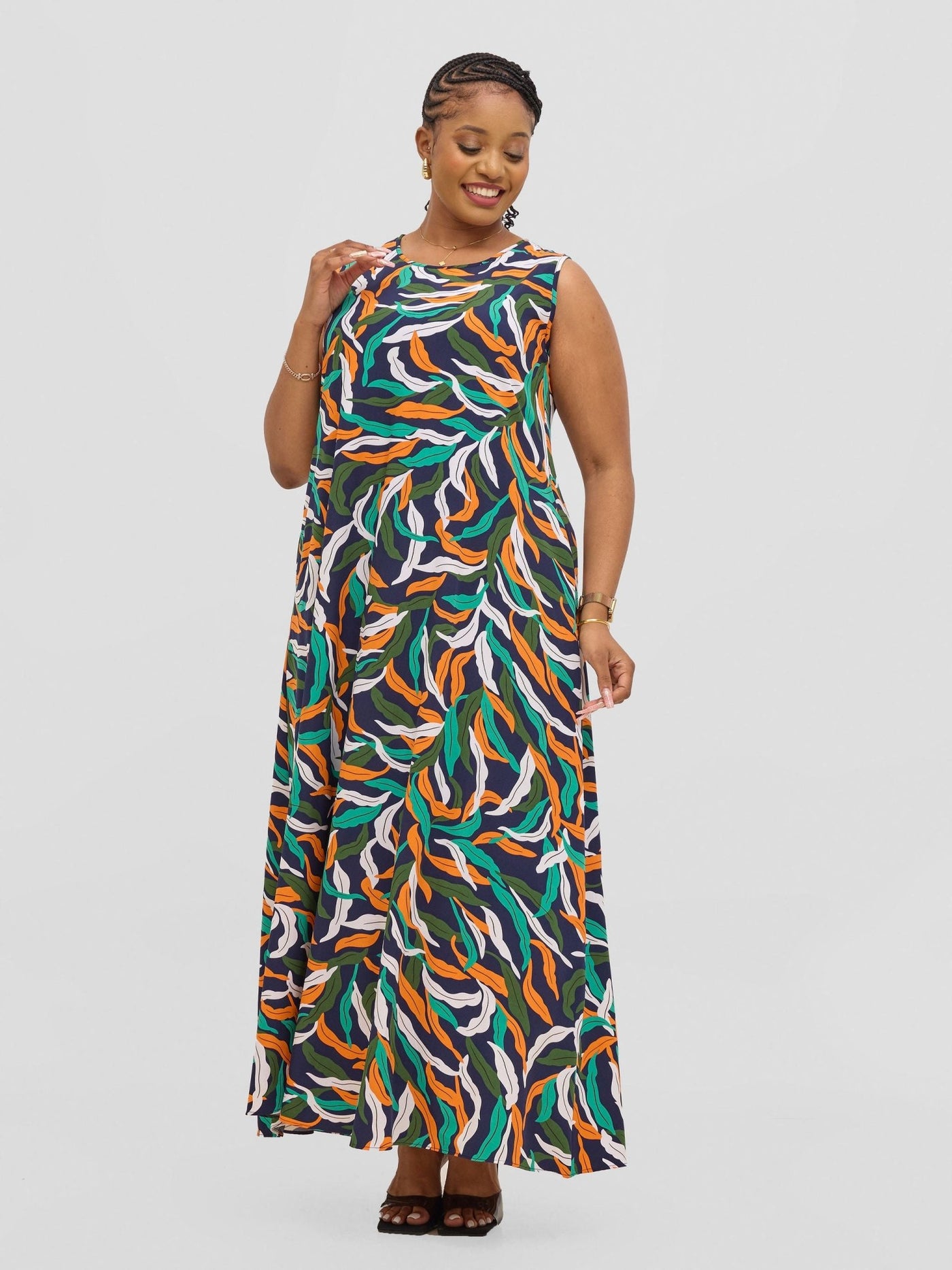 Vivo Basic Sleeveless Tent Maxi Dress - Orange / Green Print - Shopzetu