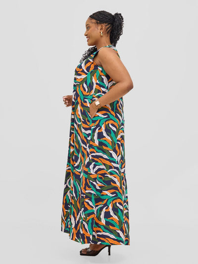 Vivo Basic Sleeveless Tent Maxi Dress - Orange / Green Print - Shopzetu