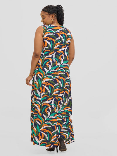 Vivo Basic Sleeveless Tent Maxi Dress - Orange / Green Print - Shopzetu