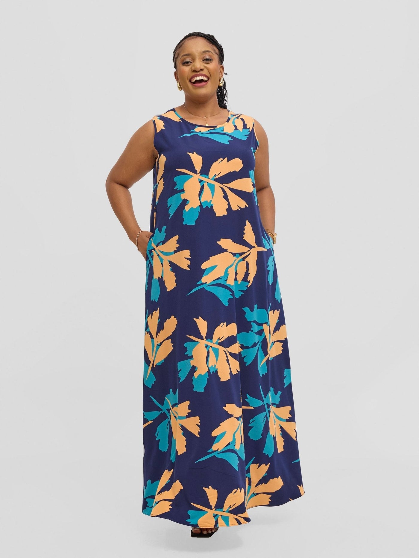 Vivo Basic Sleeveless Tent Maxi Dress - Navy / Peach Print - Shopzetu