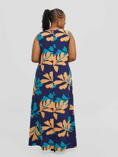 Vivo Basic Sleeveless Tent Maxi Dress - Navy / Peach Print - Shopzetu