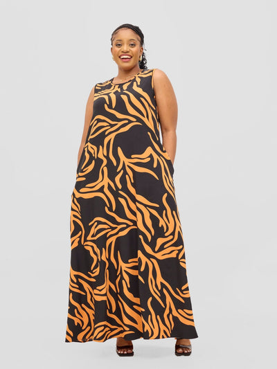 Vivo Basic Sleeveless Tent Maxi Dress - Black / Orange Print - Shopzetu