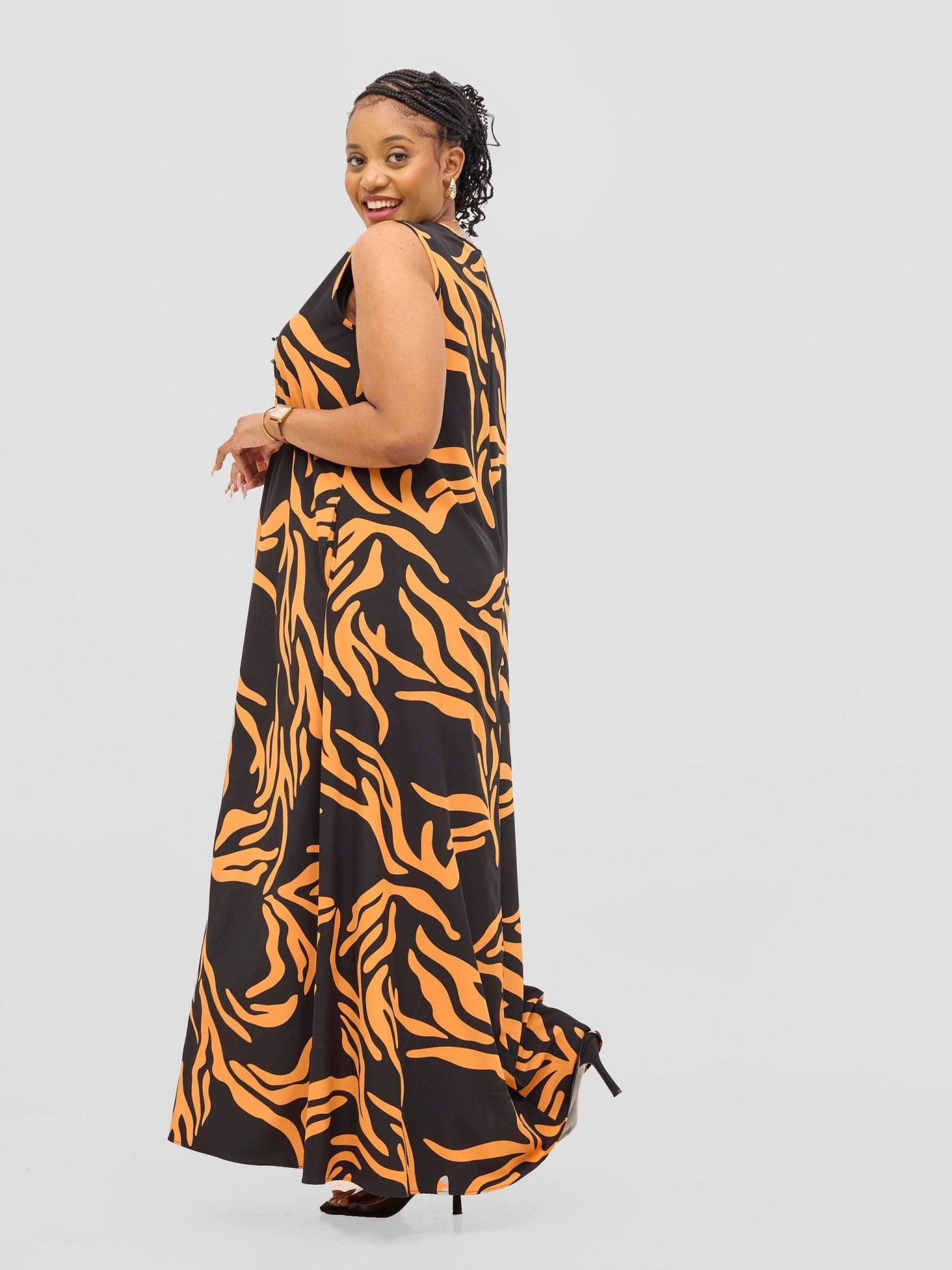 Vivo Basic Sleeveless Tent Maxi Dress - Black / Orange Print - Shopzetu