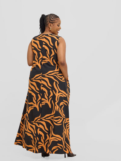 Vivo Basic Sleeveless Tent Maxi Dress - Black / Orange Print - Shopzetu