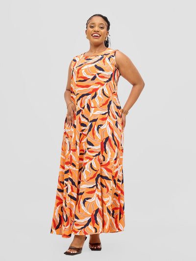 Vivo Basic Sleeveless Tent Maxi Dress - Orange / Red Print - Shopzetu