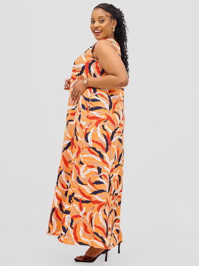 Vivo Basic Sleeveless Tent Maxi Dress - Orange / Red Print - Shopzetu