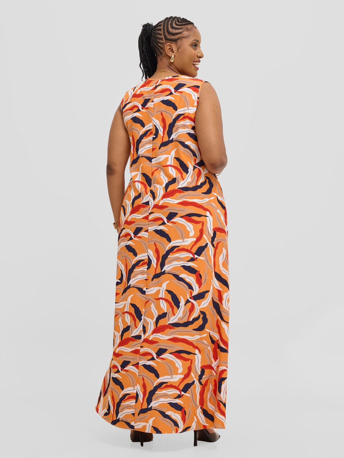 Vivo Basic Sleeveless Tent Maxi Dress - Orange / Red Print - Shopzetu