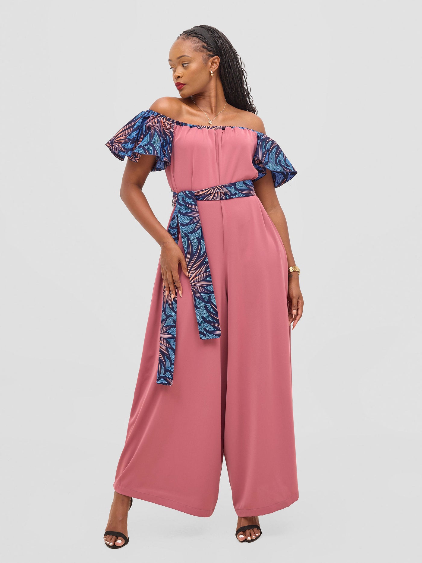 Vivo Fara Off Shoulder Flounce Sleeve Jumpsuit - Dusty Pink