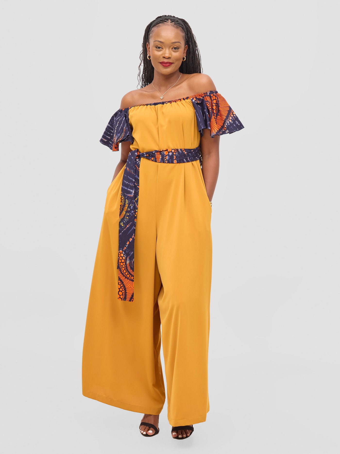 Vivo Fara Off Shoulder Flounce Sleeve Jumpsuit - Mustard