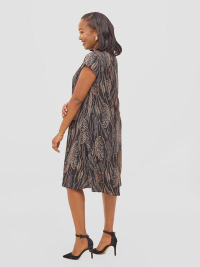 Vivo Sierra Cap Sleeve Tent Chiffon Dress - Black / Brown Print - Shopzetu