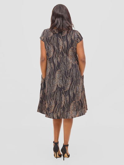 Vivo Sierra Cap Sleeve Tent Chiffon Dress - Black / Brown Print - Shopzetu